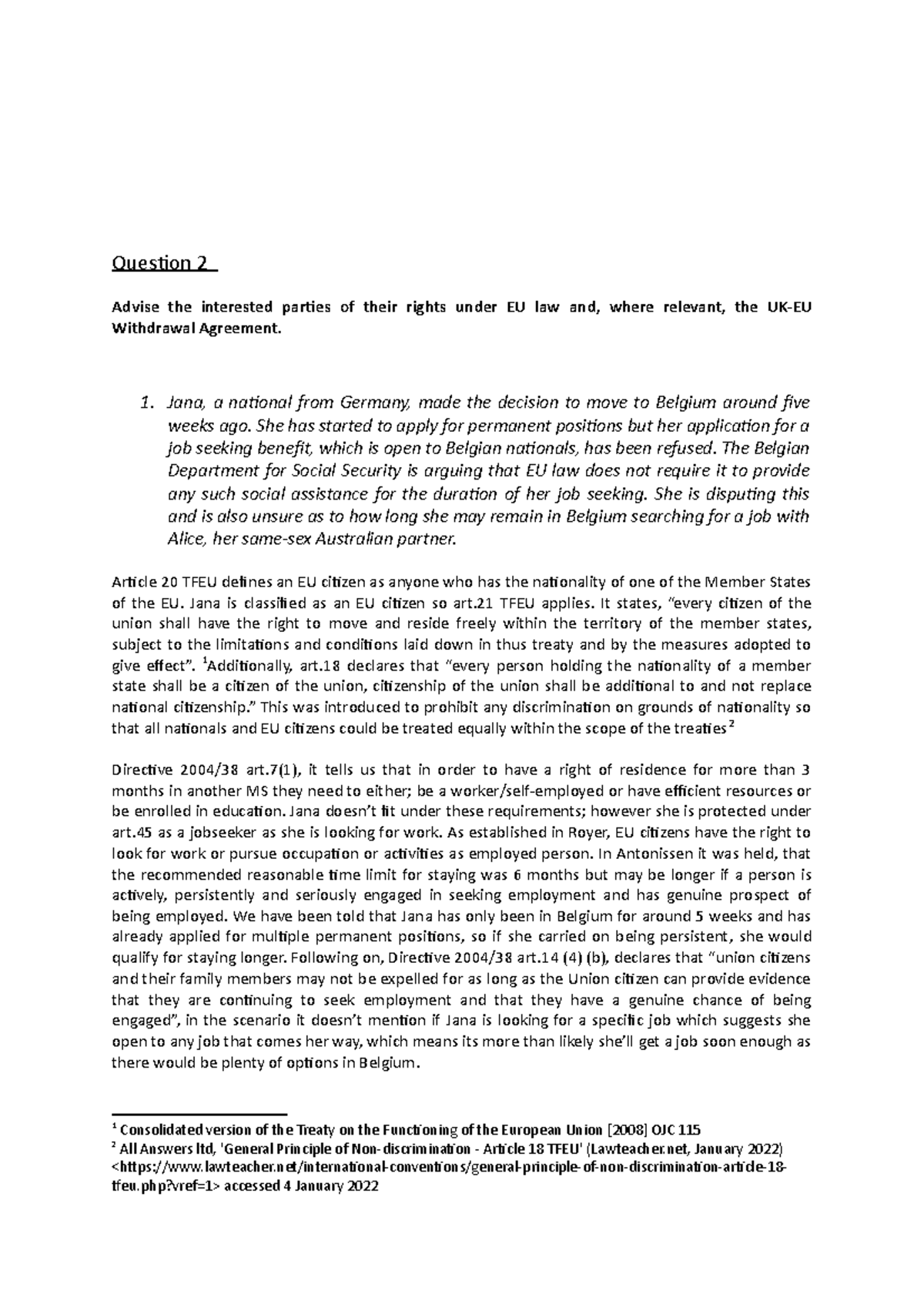 EU assessment - problem questions - Question 2 Advise the interested ...