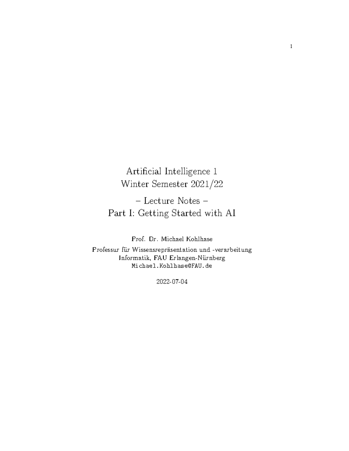 Notes-part1 - Lecture notes - 1 Artificial Intelligence 1 Winter ...