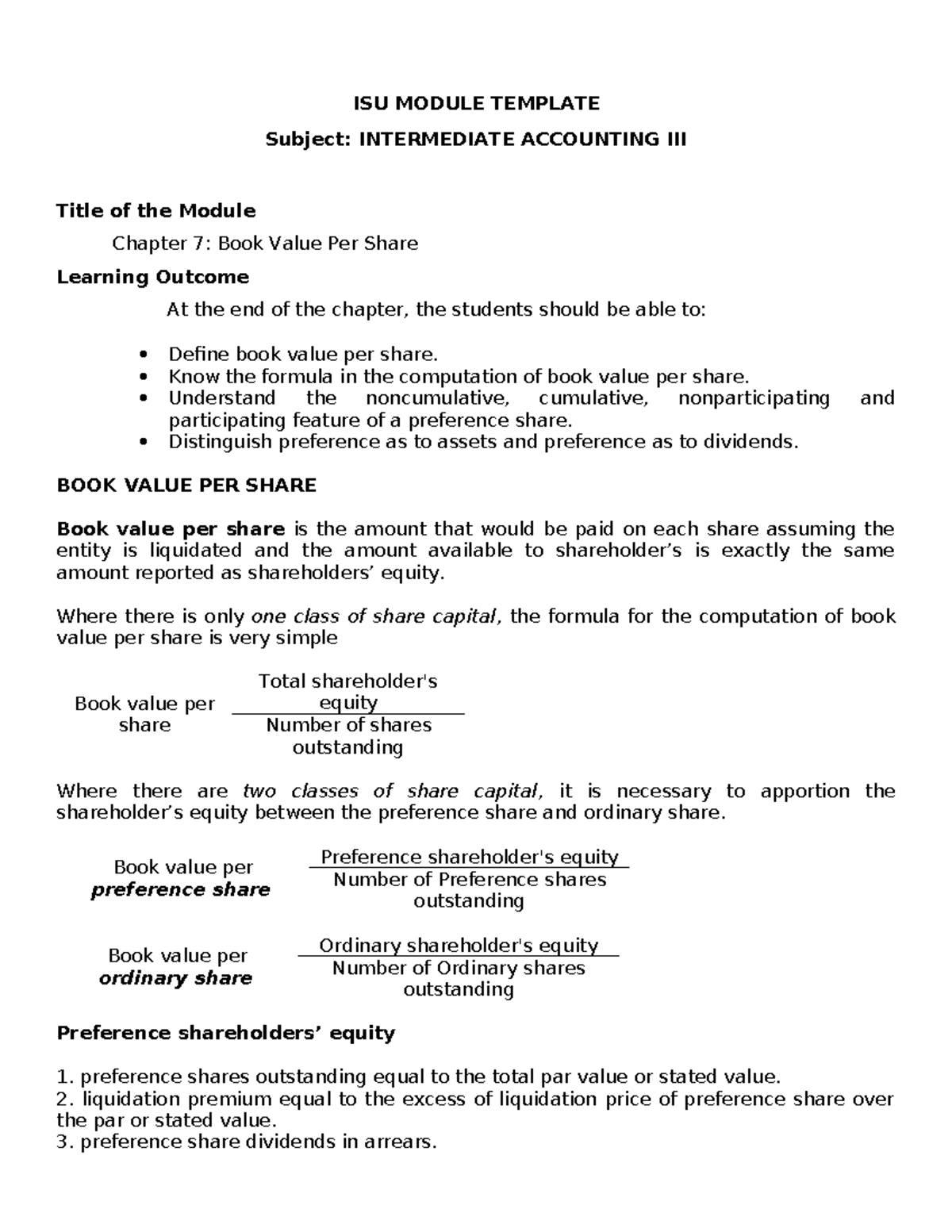 Book Value Per Share - ISU MODULE TEMPLATE Subject: INTERMEDIATE ...