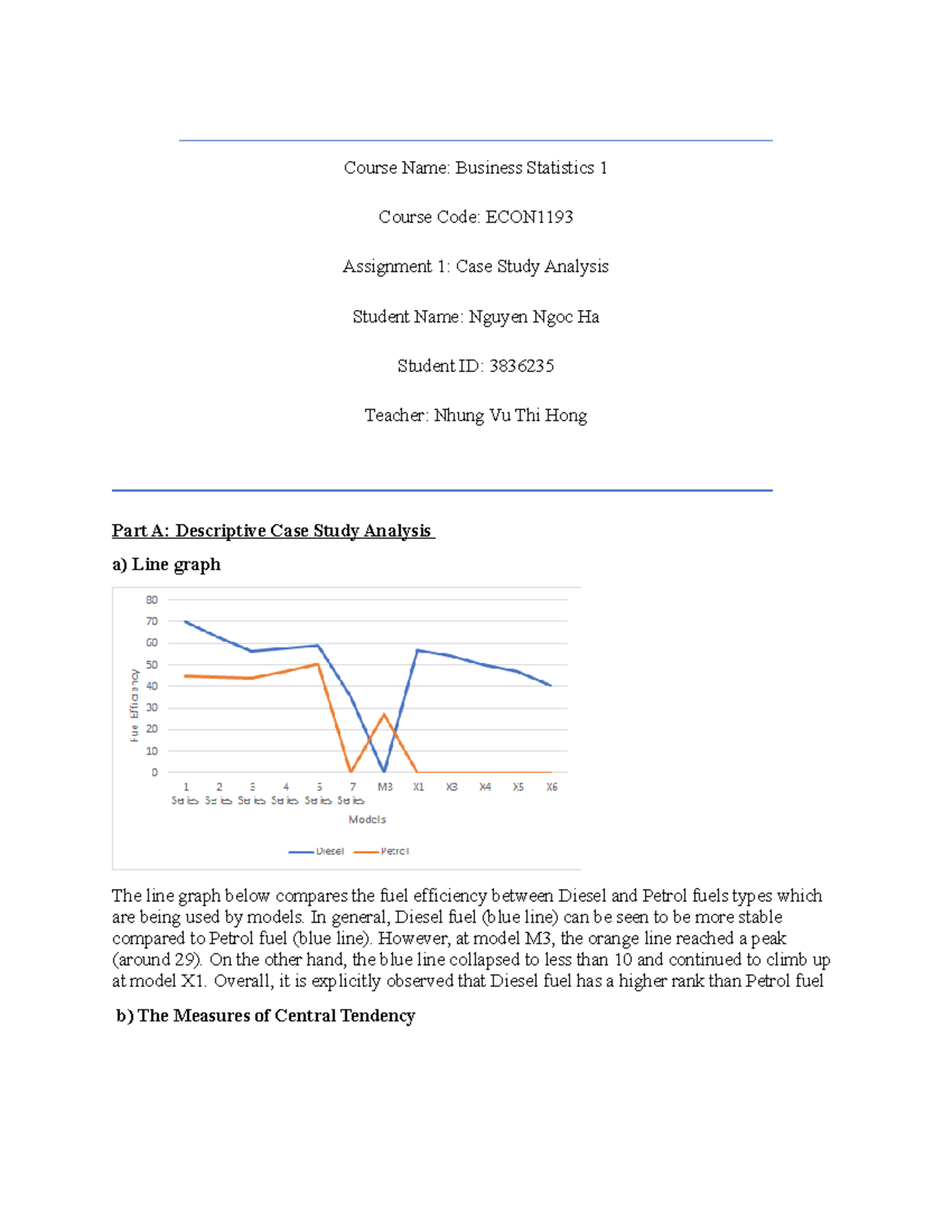 Assessment 1 Econ1193 Business Statistics 1 Part A Course Name Business Statistics 1 Course 8429