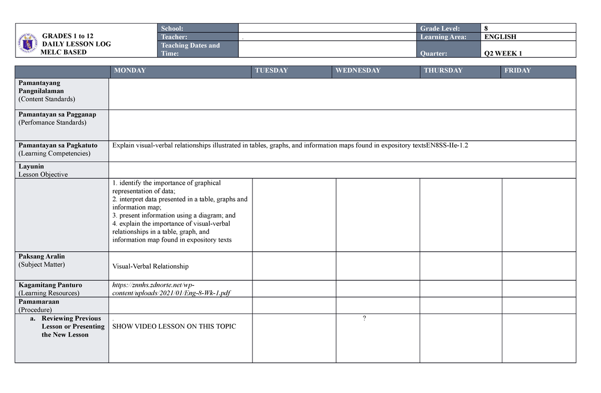 MELC DLL ENG 8 WEEK 1 Q2 DONE - GRADES 1 to 12 DAILY LESSON LOG MELC ...