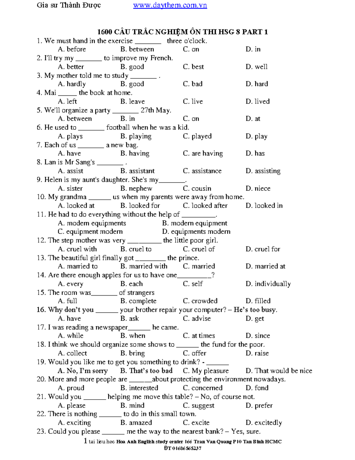 100 câu trắc nghiệm ôn thi anh 8 - 1 tai lieu hoc Hoa Anh English study ...