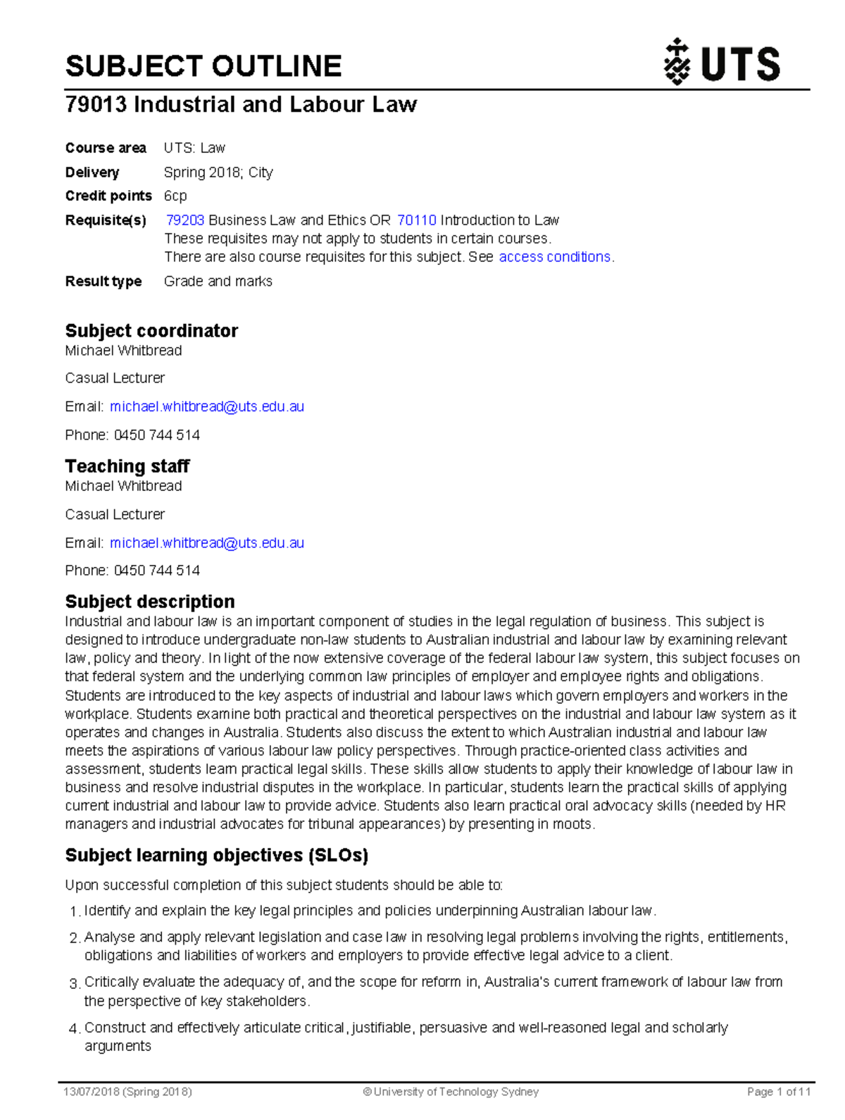 79013 industrial and labour law - SUBJECT OUTLINE 79013 Industrial and ...