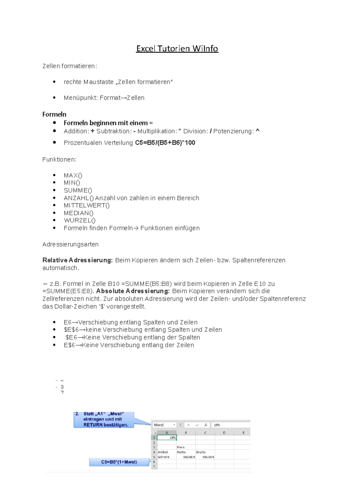 Excel WinInfo Zusammenfassung Excel Tutorien WiInfo Zellen formatieren rechte Maustaste
