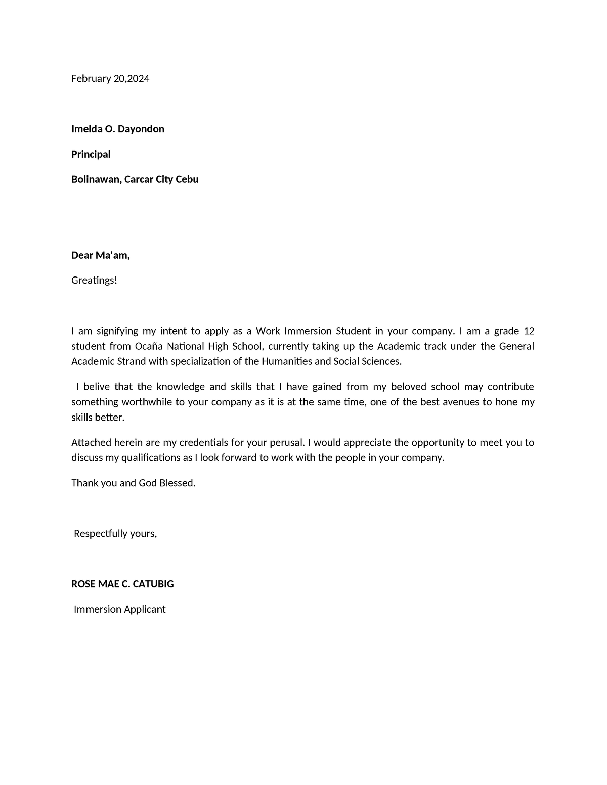 Application letter of rosemae - February 20, Imelda O. Dayondon ...