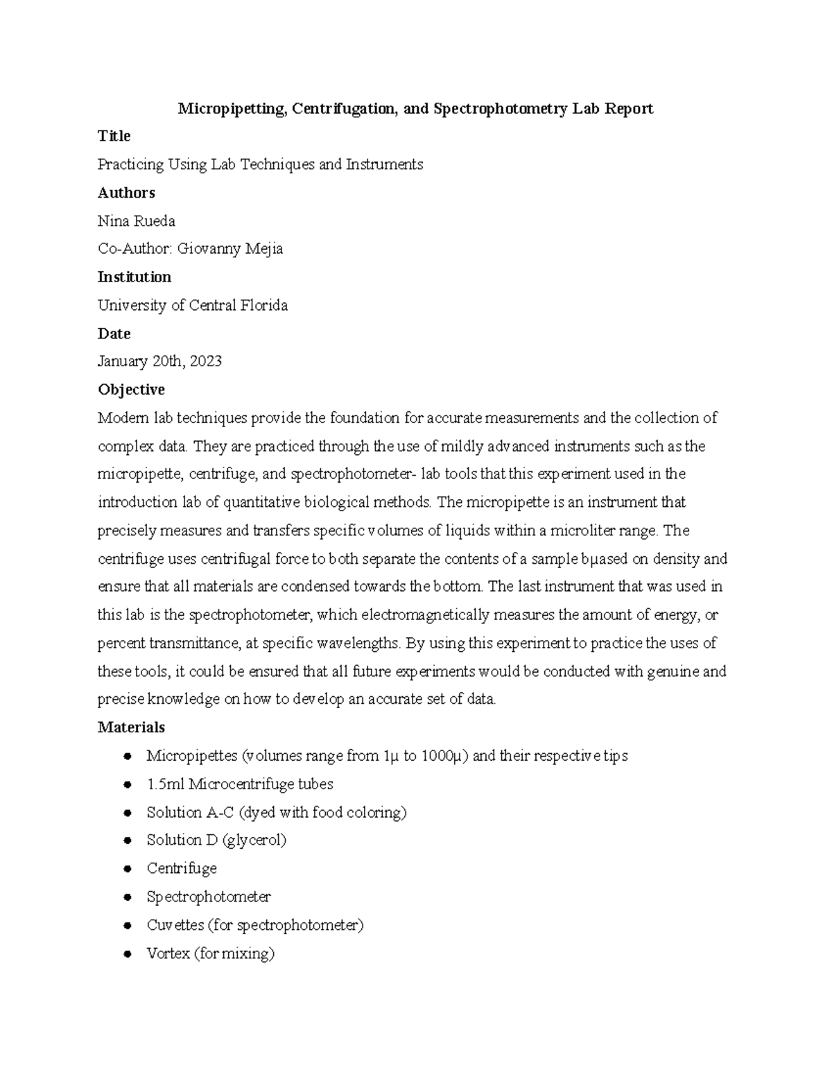Micropipetting, Centrifugation, and Spectrophotometry Lab Report 1