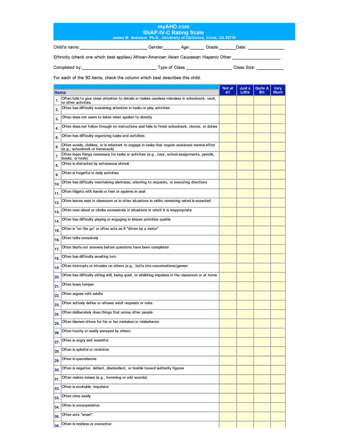 SNAP test and scoring - test to assess - myAHD. SNAP-IV-C Rating Scale ...