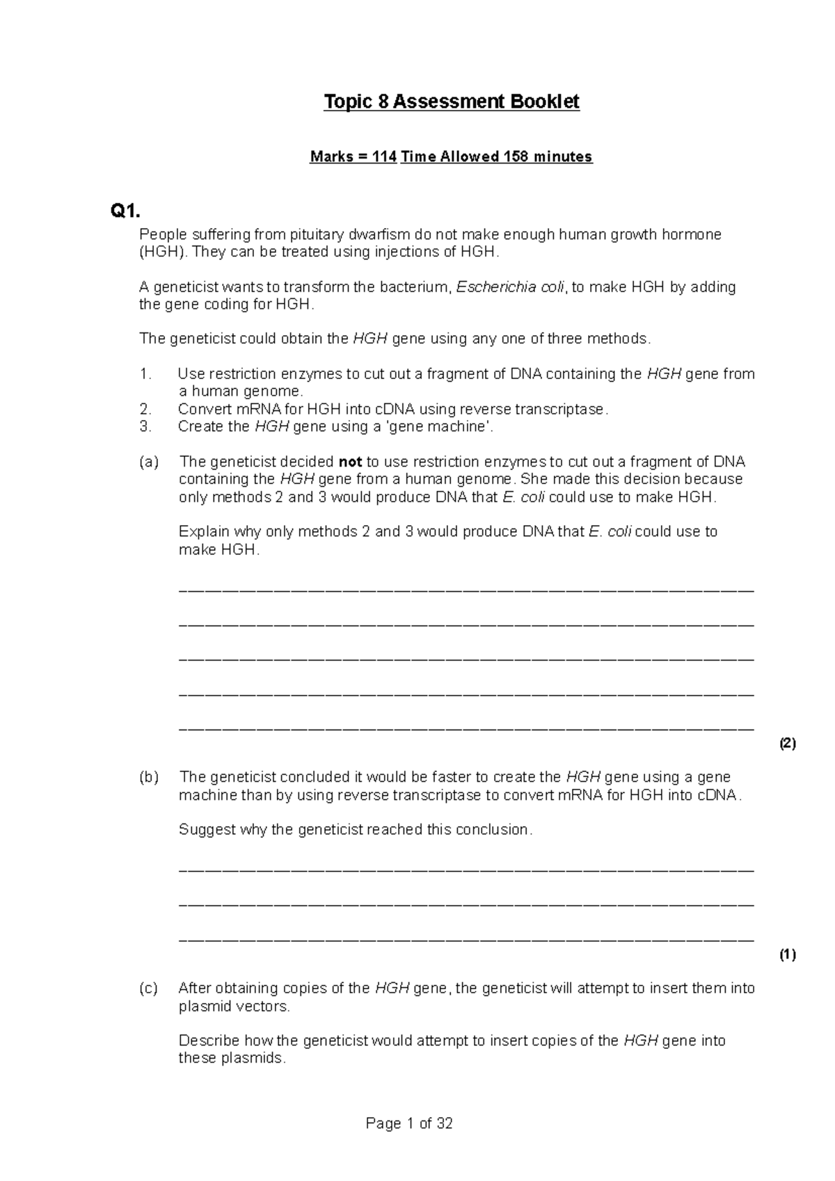Topic 8 assessment booklet - Topic 8 Assessment Booklet Marks = 114 ...