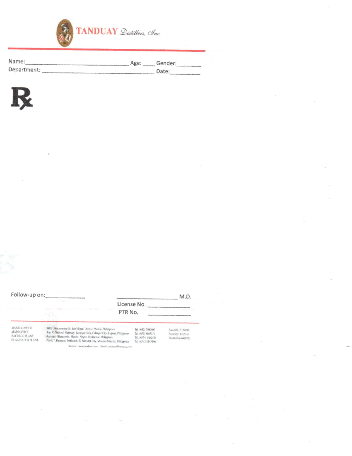 RX PAD - Engineering - TANDUAY Distillers, Inc. Name: Age: Gender ...