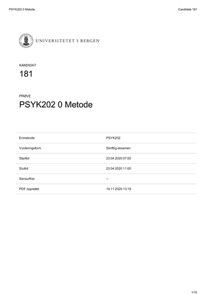 PSYK110 B-besvarelse 2020 - PSYK110Emnekode Skriftlig ...