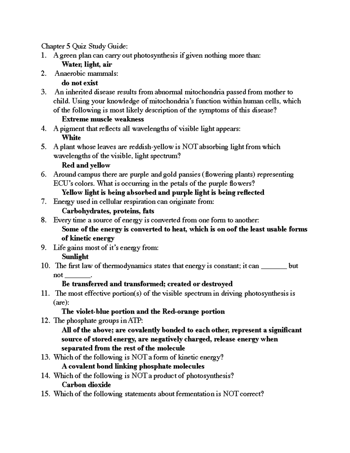 BIO1050 Quiz Guide 5 Chapter 5 Quiz Study Guide A green plan can