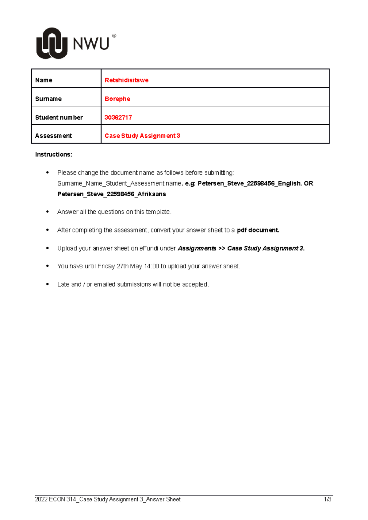 ECON 314 Case study Assignment 3 Answer sheet - Name Retshidisitswe ...