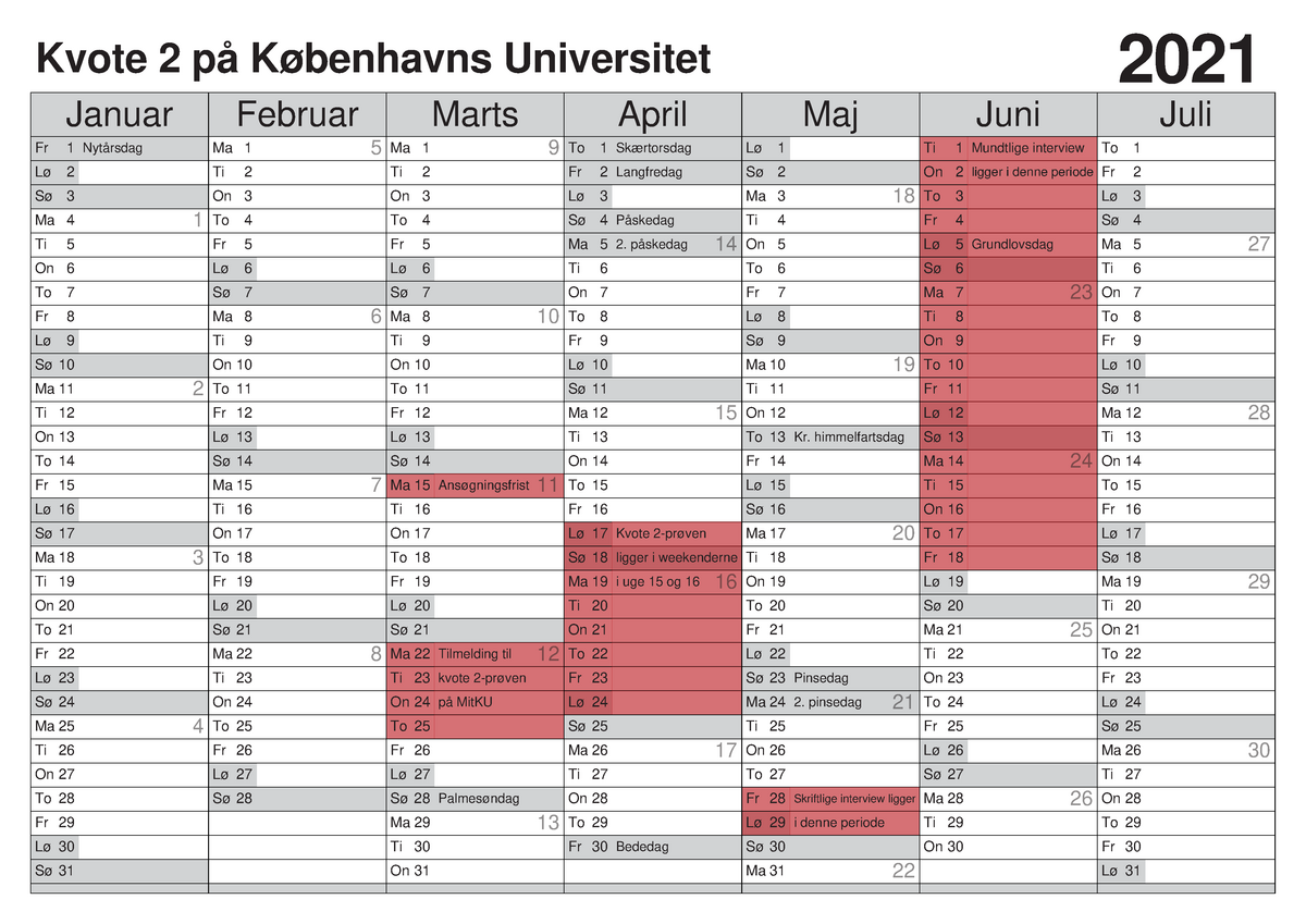 Kalender 2021 - Kvote 2 på Københavns Universitet Januar Februar Marts April Maj Juni 2021 Juli 