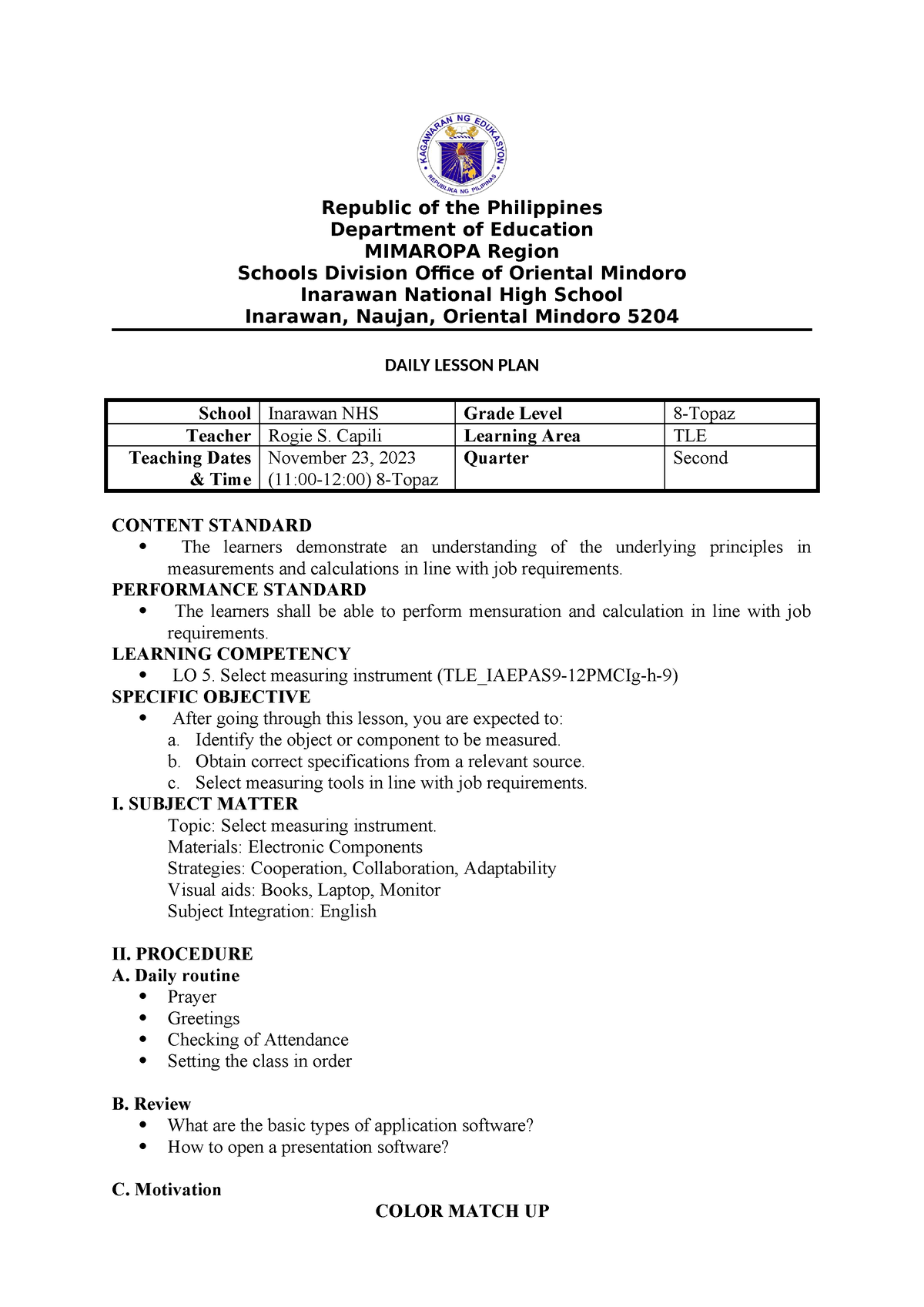 Tle Nov 23 Lesson Plan On Tle 8 Republic Of The Philippines Department Of Education Mimaropa 2524