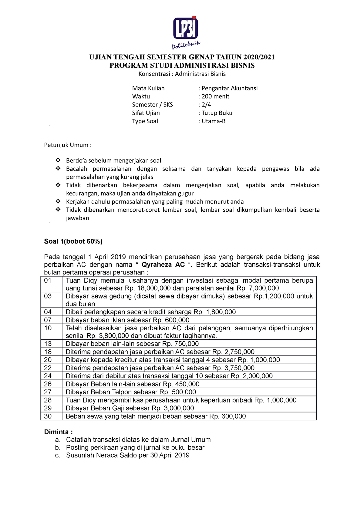 Soal UTS Pengantar Akuntansi - AB Type-B - UJIAN TENGAH SEMESTER GENAP ...