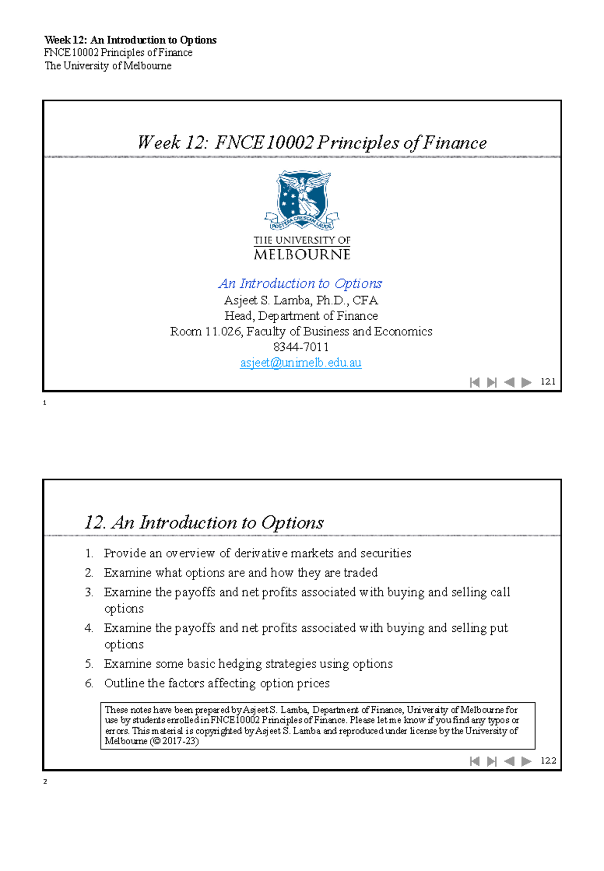 Lec12-Options-2perpage - FNCE10002 Principles of Finance The University ...