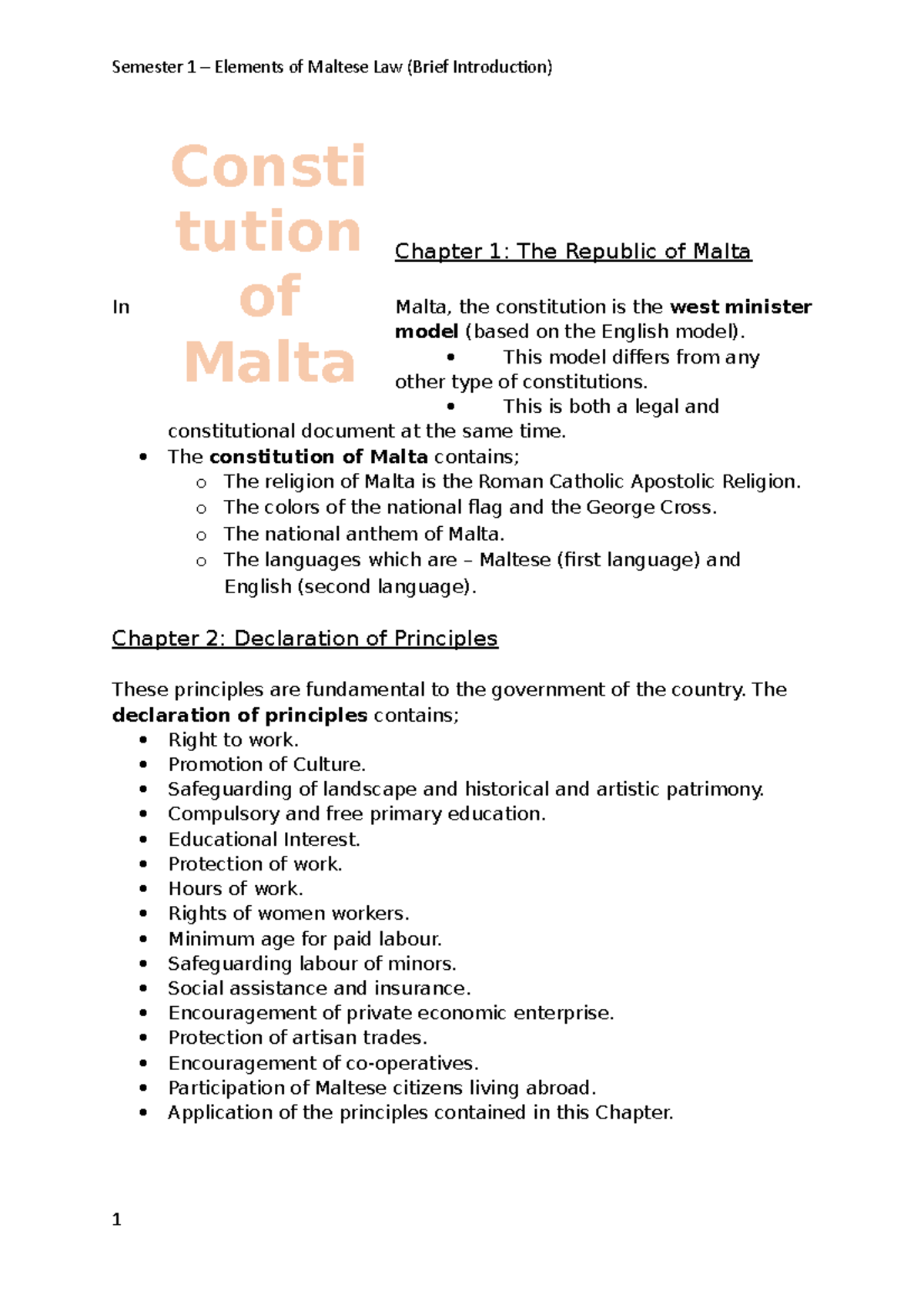 1. Constitution of Malta Chapter 1 The Republic of Malta In Malta