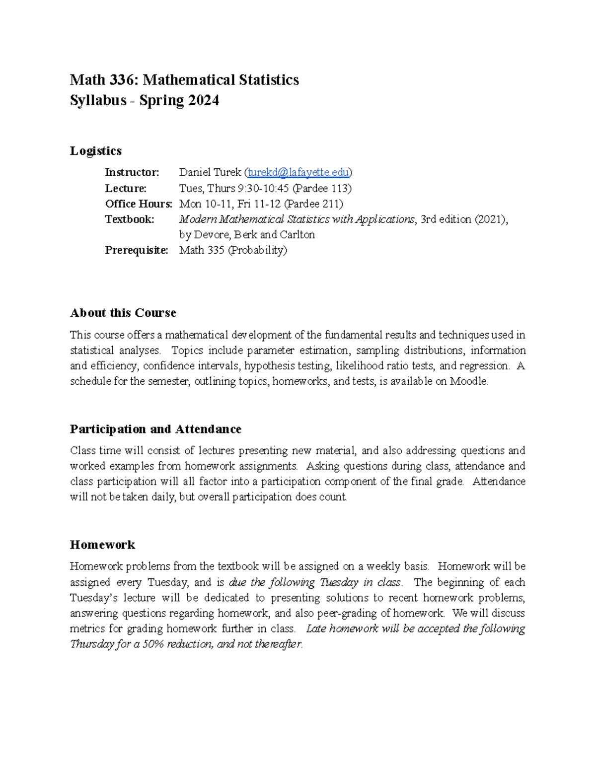 Math 336 Syllabus Spring 2024 Math 336 Mathematical Statistics