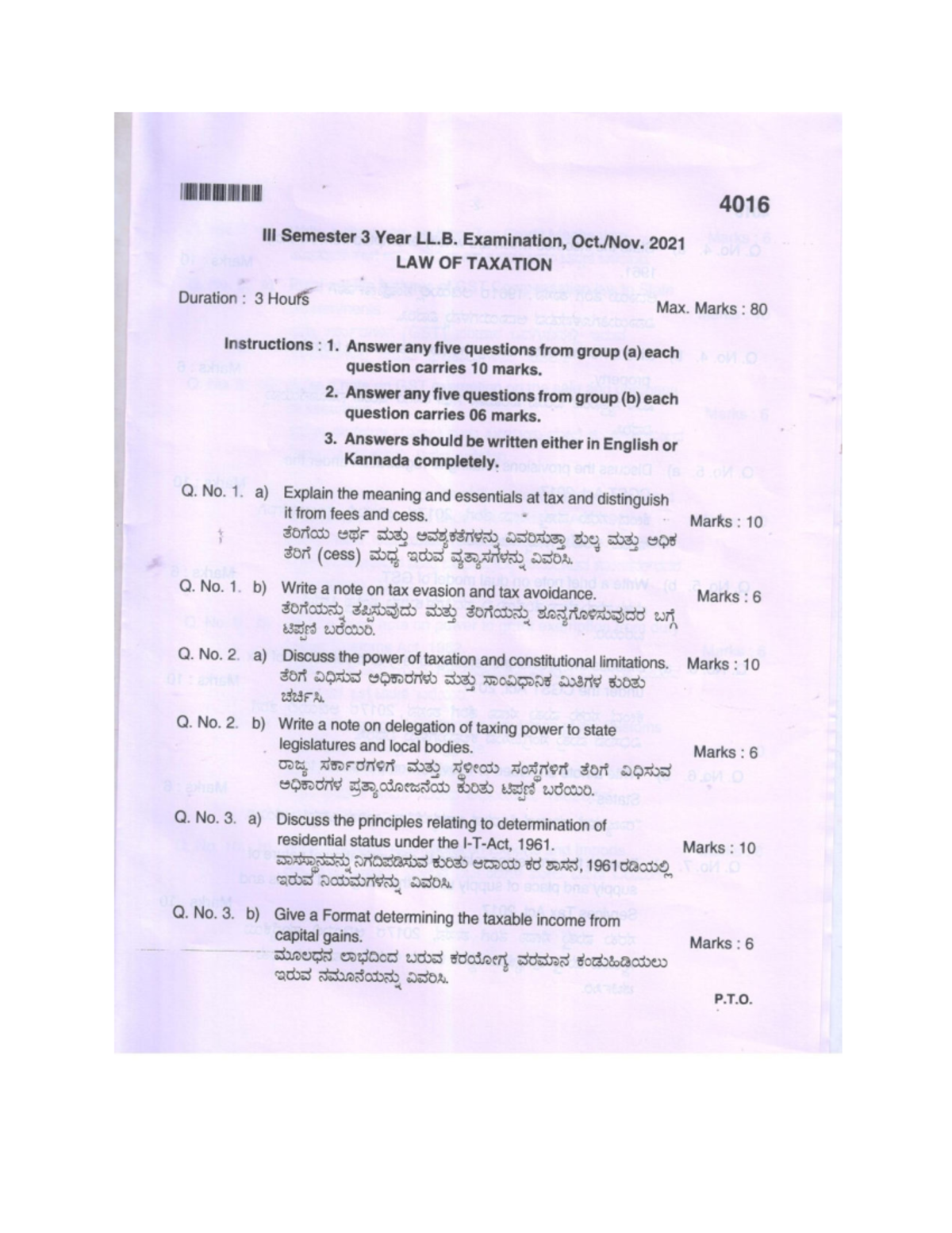 LAW OF Taxation 4016 - question paper - Bba llb - StuDocu