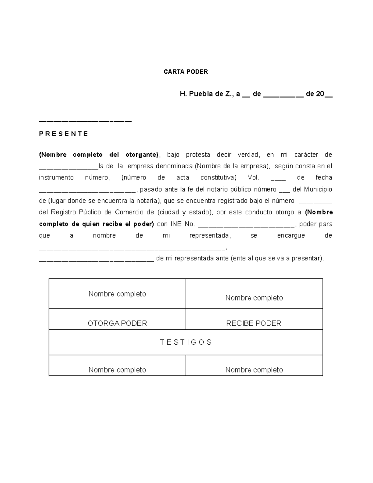 Carta Poder empresa y apoderado legal - CARTA PODER H. Puebla de Z., a ...