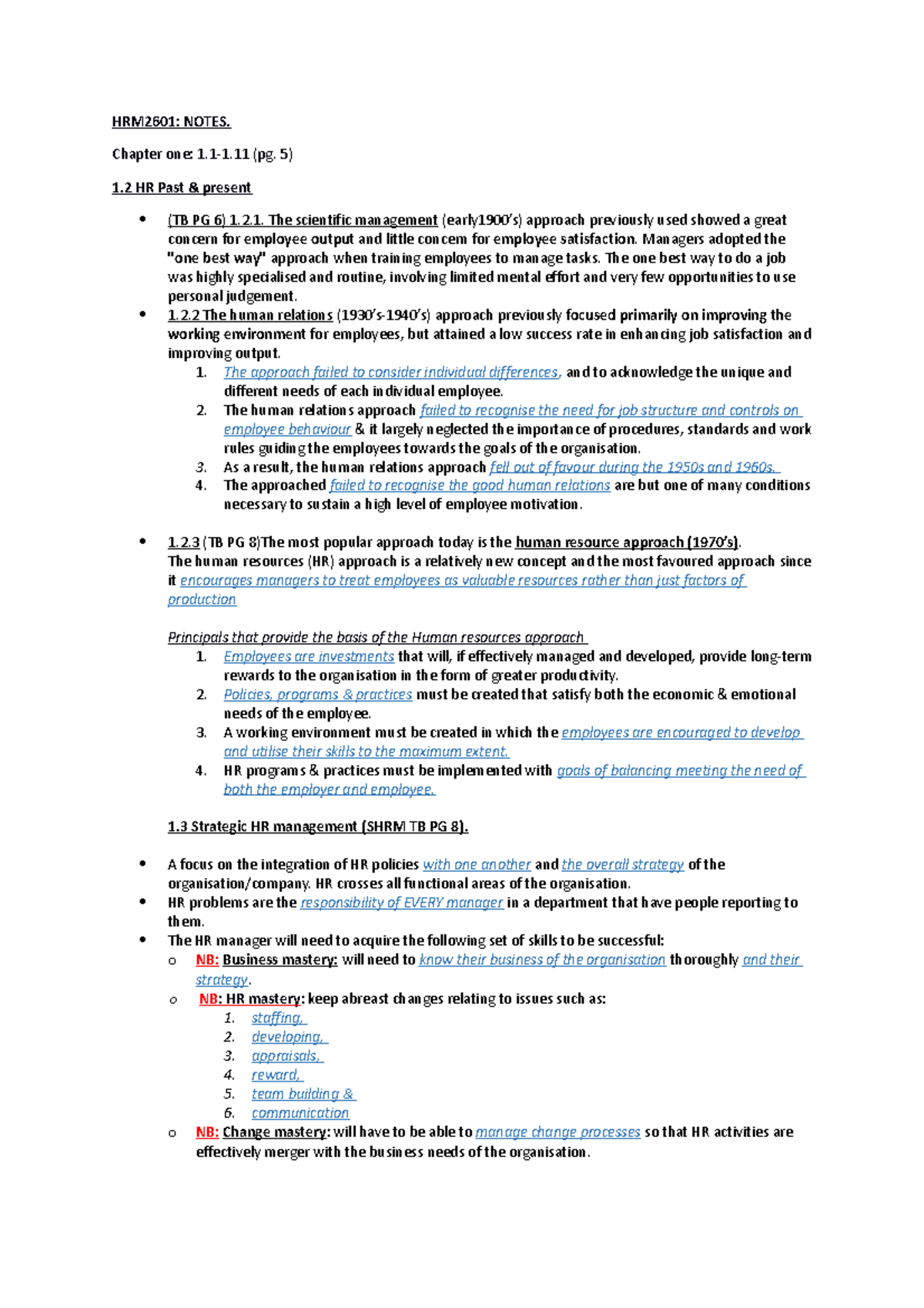 HRM2601-EXAM- Notes - HRM2601: NOTES. Chapter one: 1.1-1 (pg. 5) 1 HR ...