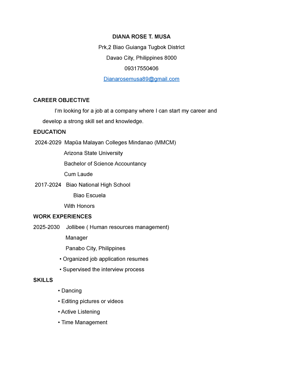 Resume-MUSA - RESUME - SHS- Grade 12 - Studocu