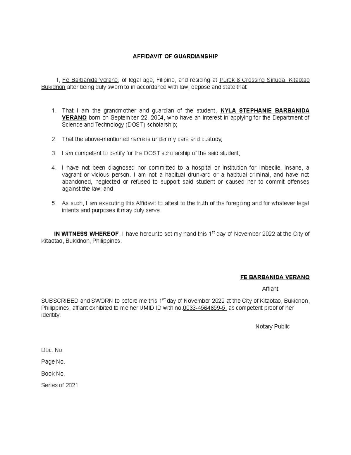 Annex F1 Sole Guardian Affidavit En PDF Affidavit Legal, 45 OFF