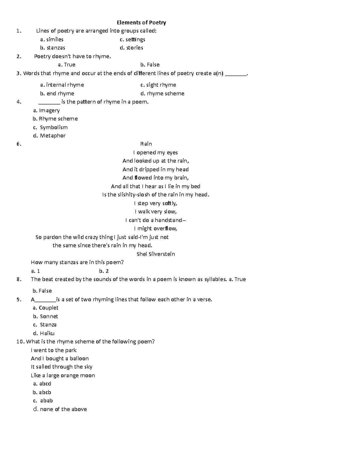 Elements Of Poetry Worksheet Answer Key Elements Of Poetry Lines Of