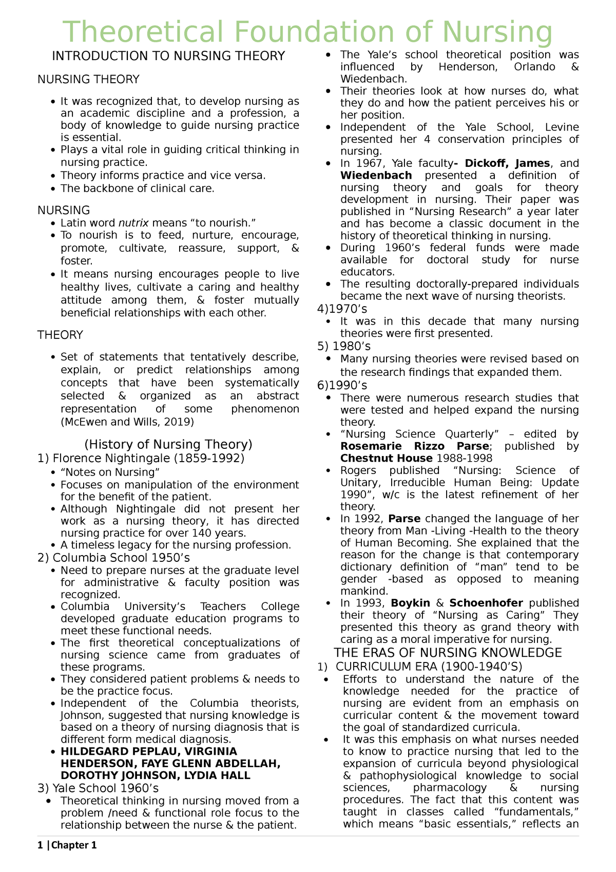 Theoretical Foundation Of Nursing Chapter 1 INTRODUCTION TO NURSING 