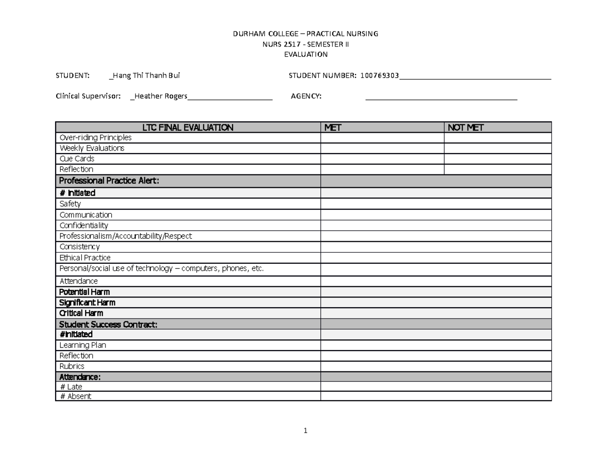 Evaluation Form Lindsie DURHAM COLLEGE PRACTICAL NURSING NURS 2517   Thumb 1200 927 