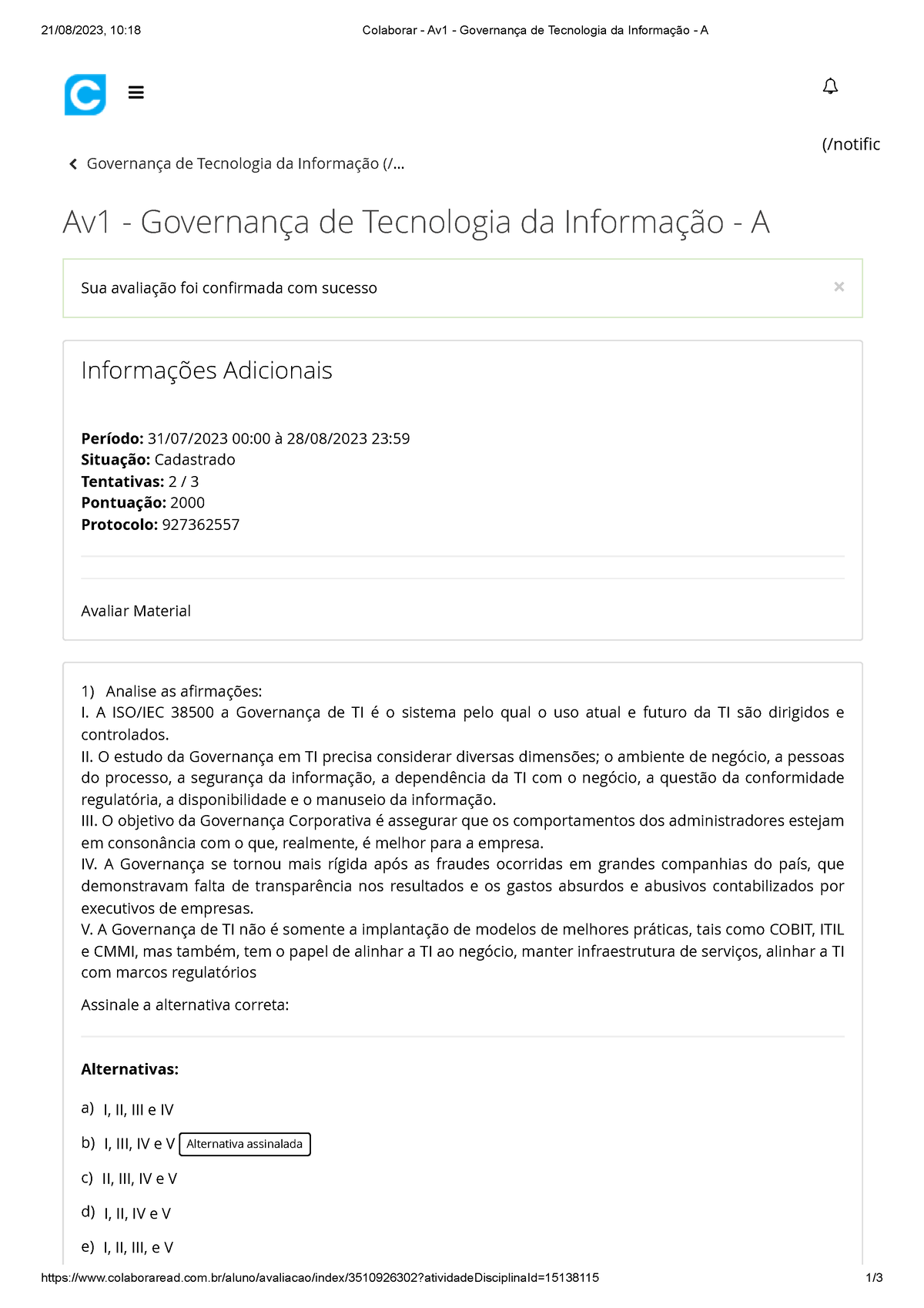 Colaborar - Av1 - Governança De Tecnologia Da Informação - A - - Studocu