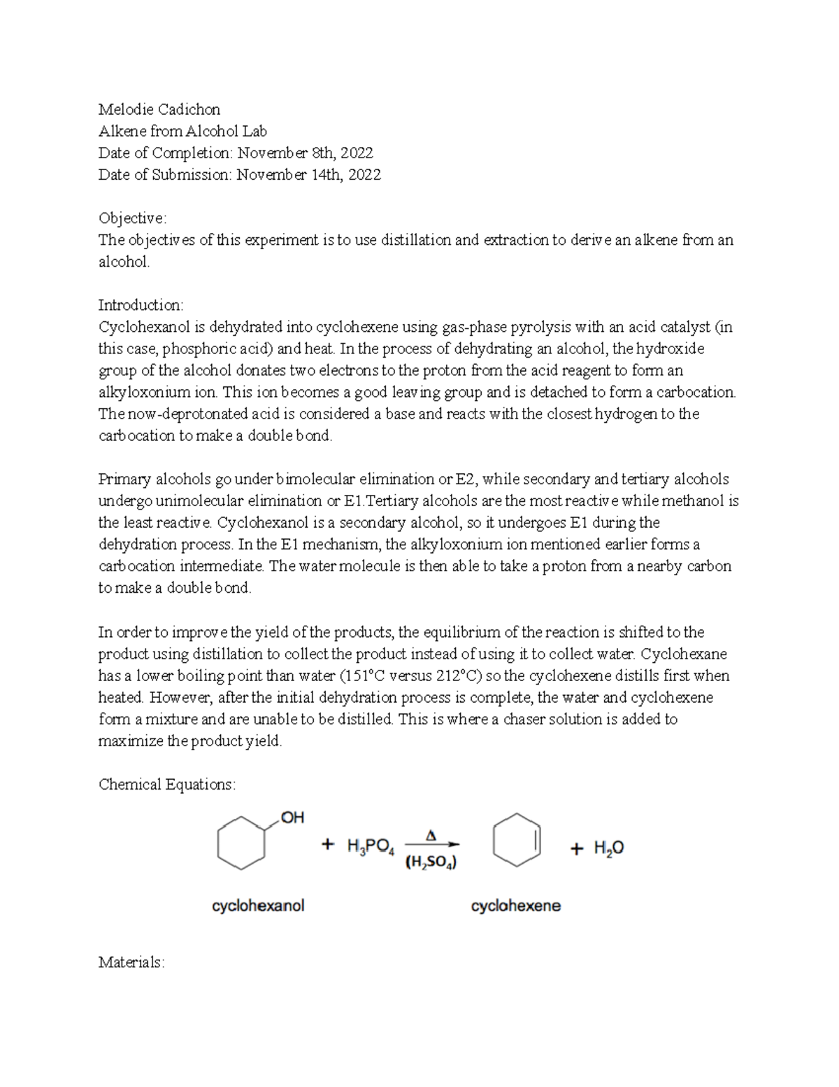 Alkene from Alcohol Lab Report Melodie Cadichon Alkene from Alcohol