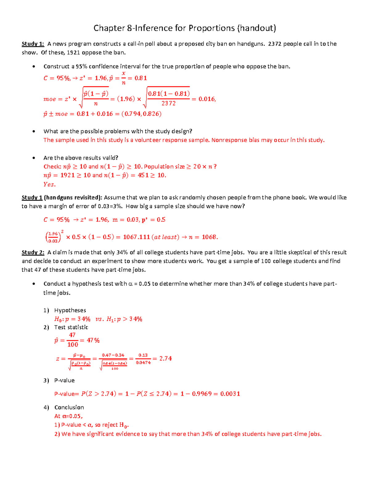 501topic 13 Inference For Proportions Exercise S Chapter 8 Inference For Proportions Handout 2490