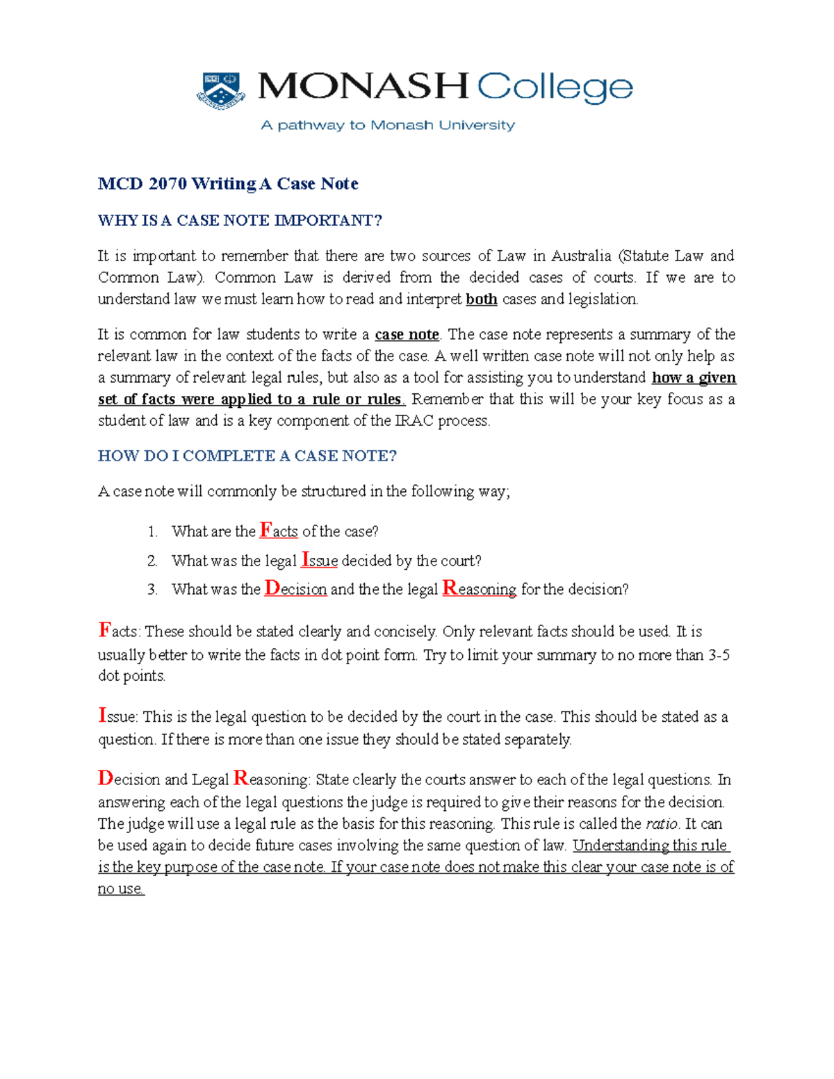 Week 1 Case Note Template MCD 2070 Writing A Case Note WHY IS A CASE 