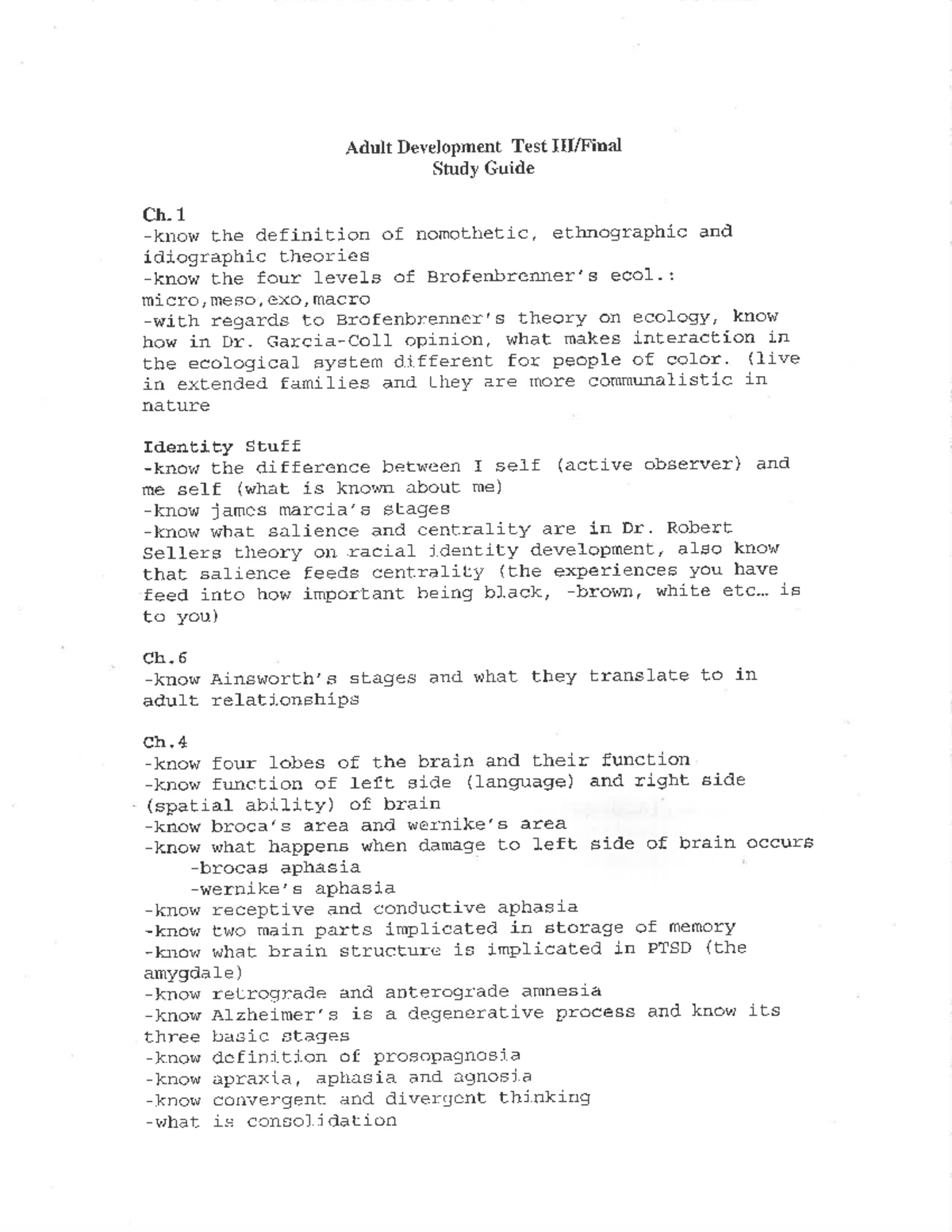Adult final notes and sg - PSY 312 - Studocu