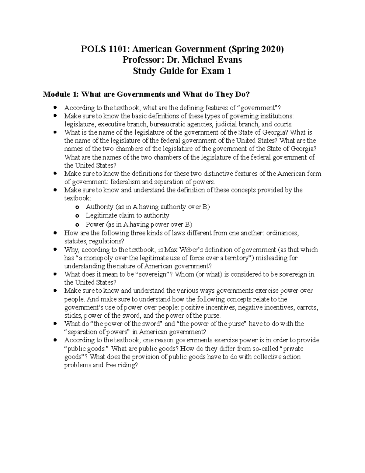 Exam 1 Study Guide - POLS 1101 - S20 EvansStudy Guide - POLS 1101 ...