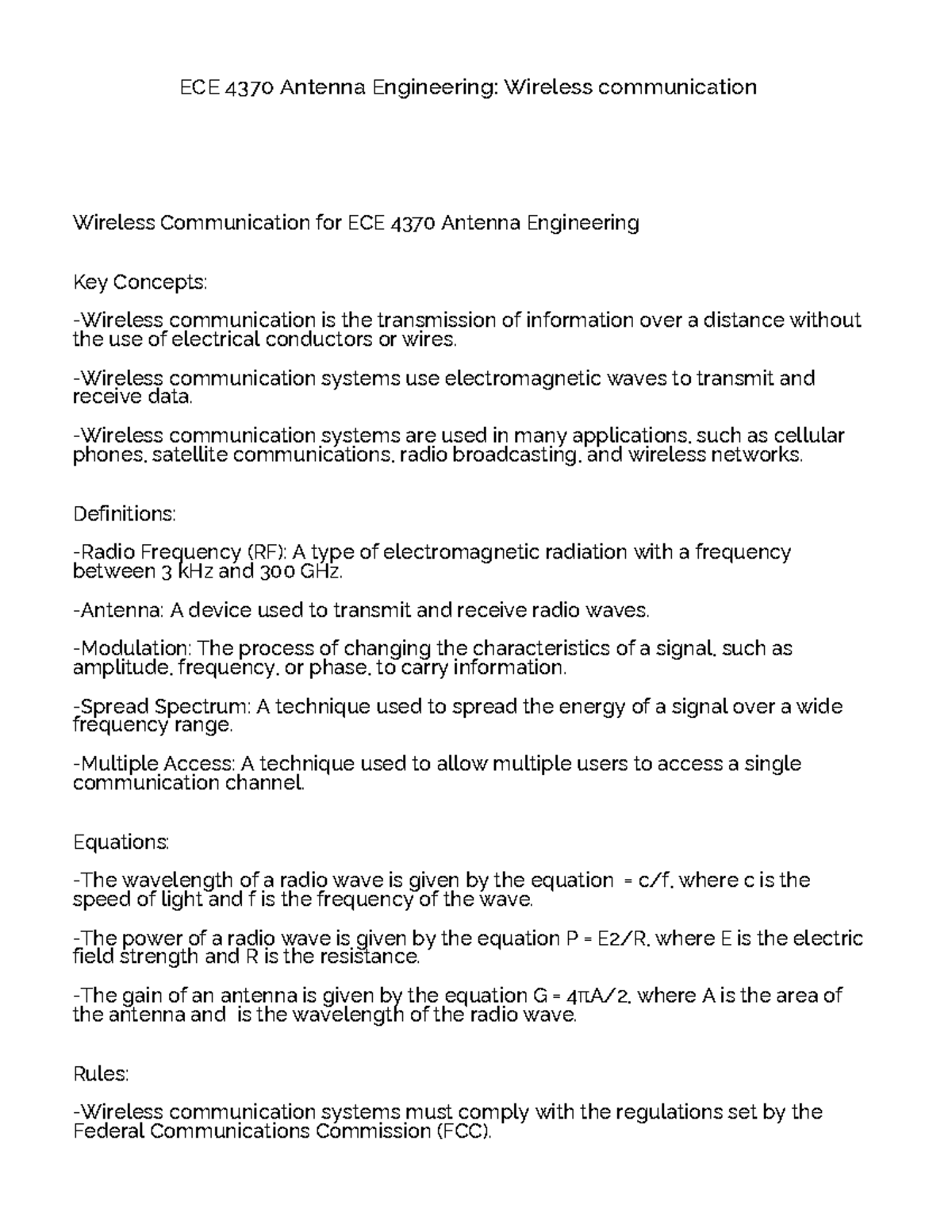 Notes-ECE 4370 Antenna Engineering- Wireless Communication - ECE 4370 ...