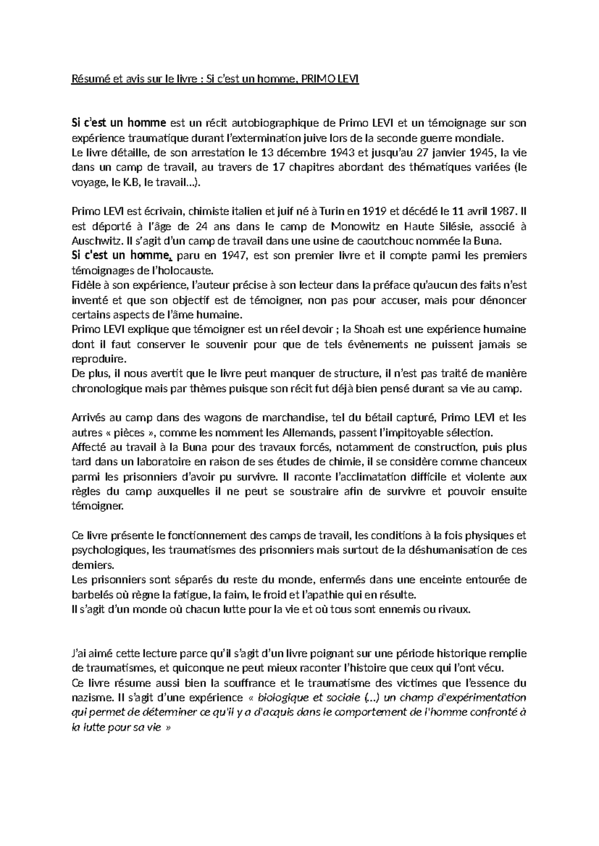 Primo LEVI Fiche lecture Si c