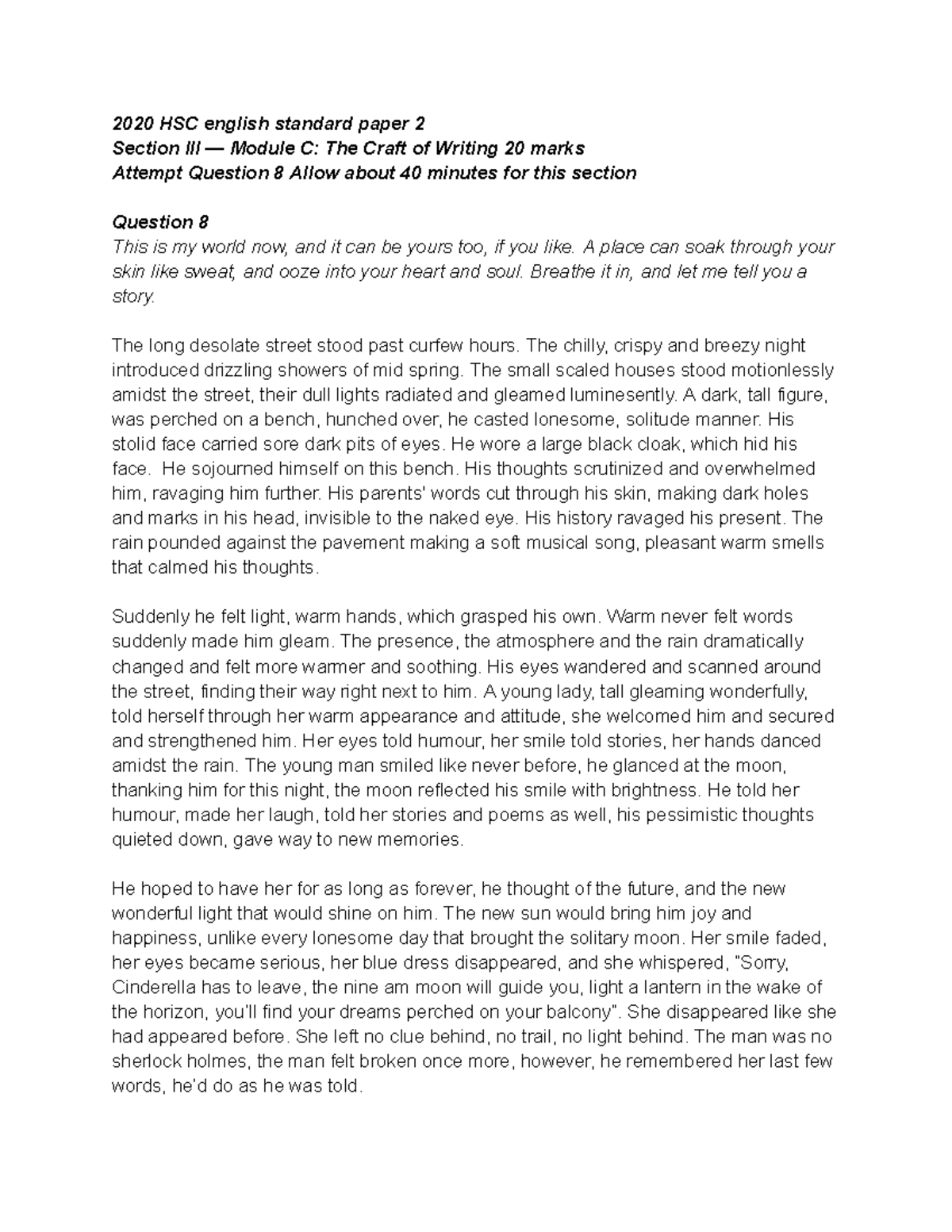 Practice Imaginative story 2020 HSC english