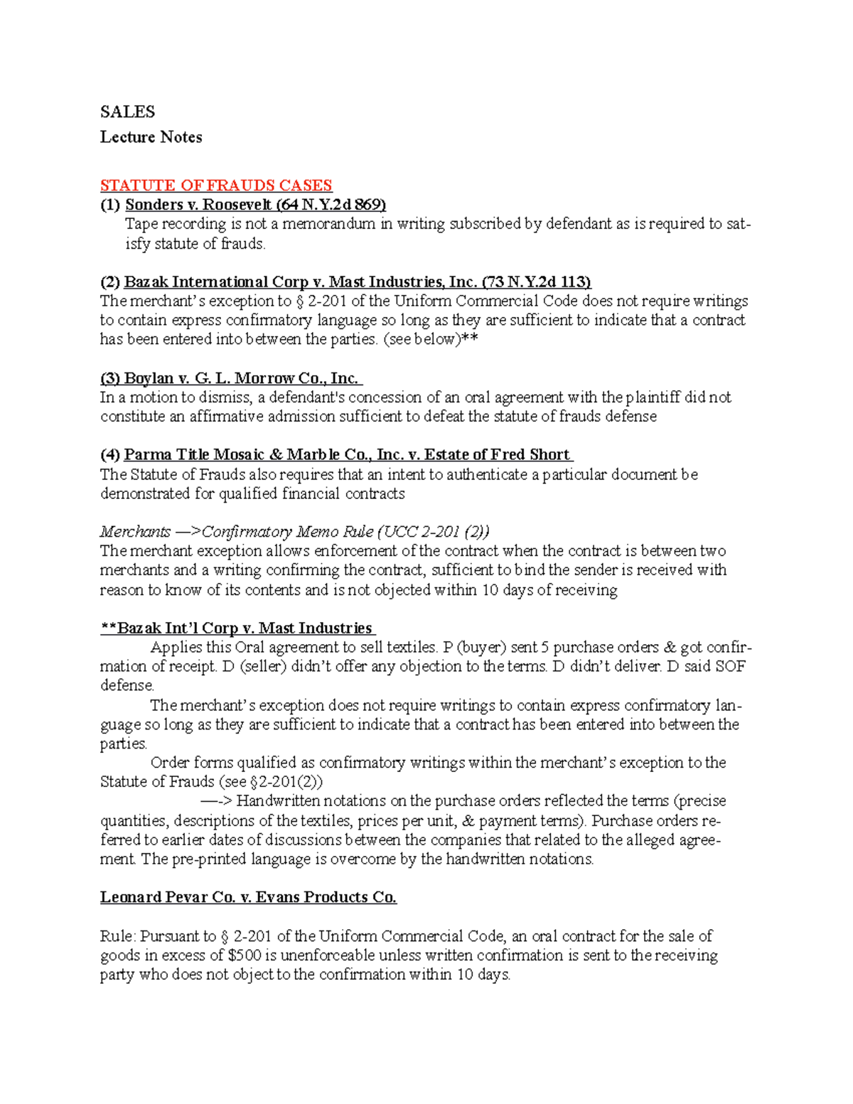 Statute OF Frauds Cases SALES Lecture Notes STATUTE OF FRAUDS CASES