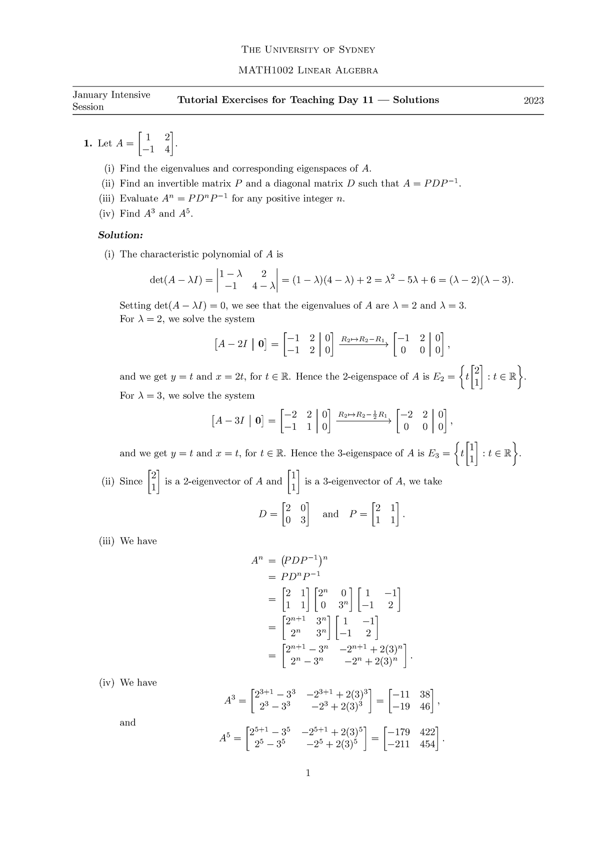 Solutions For Tutorial Worksheet 11 - The University Of Sydney MATH1002 ...