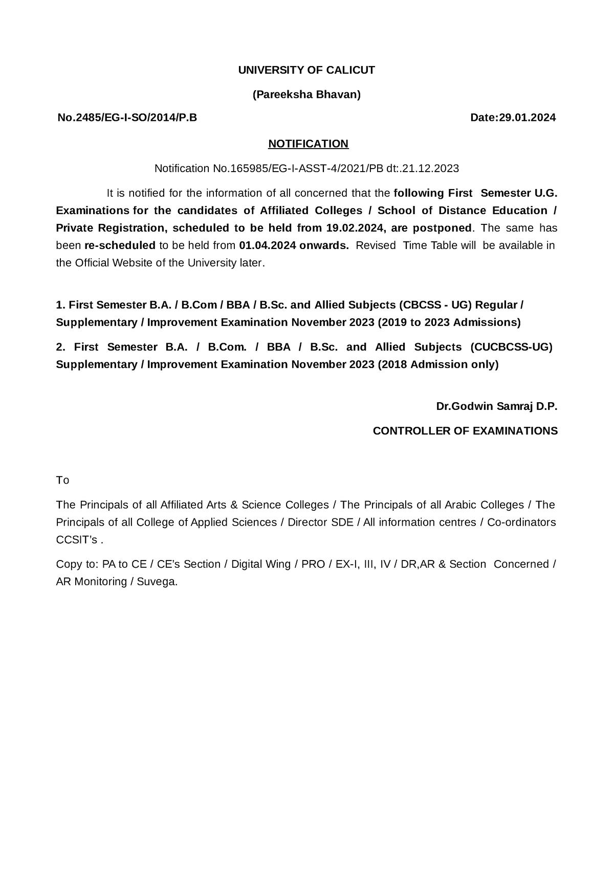 Postponement Notification - UNIVERSITY OF CALICUT (Pareeksha Bhavan) No ...