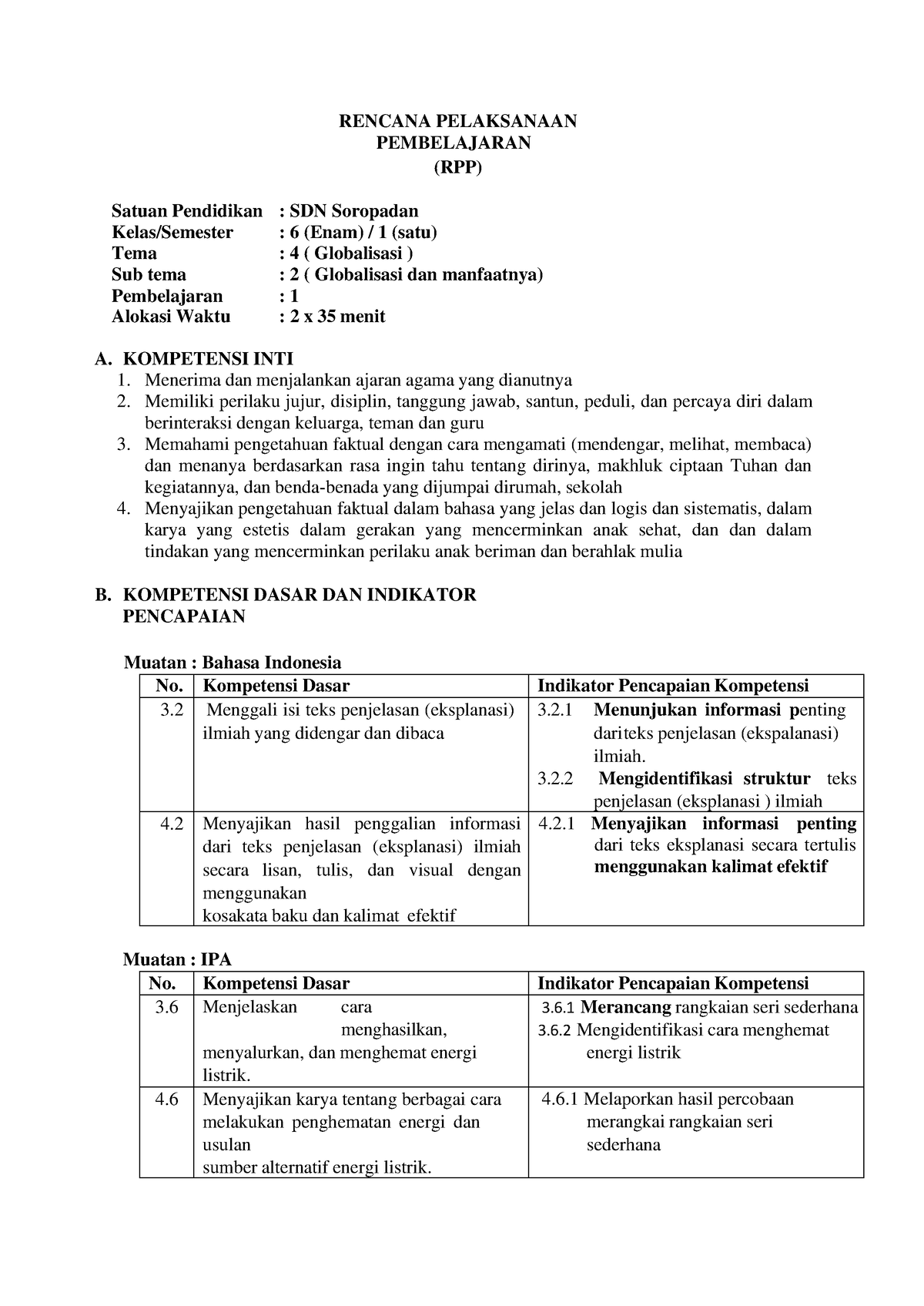 Rpp Tematik Kelas 6 Tema 4 Subtema 2 Pembelajaran 1 Rencana Pelaksanaan Pembelajaran Rpp 0443