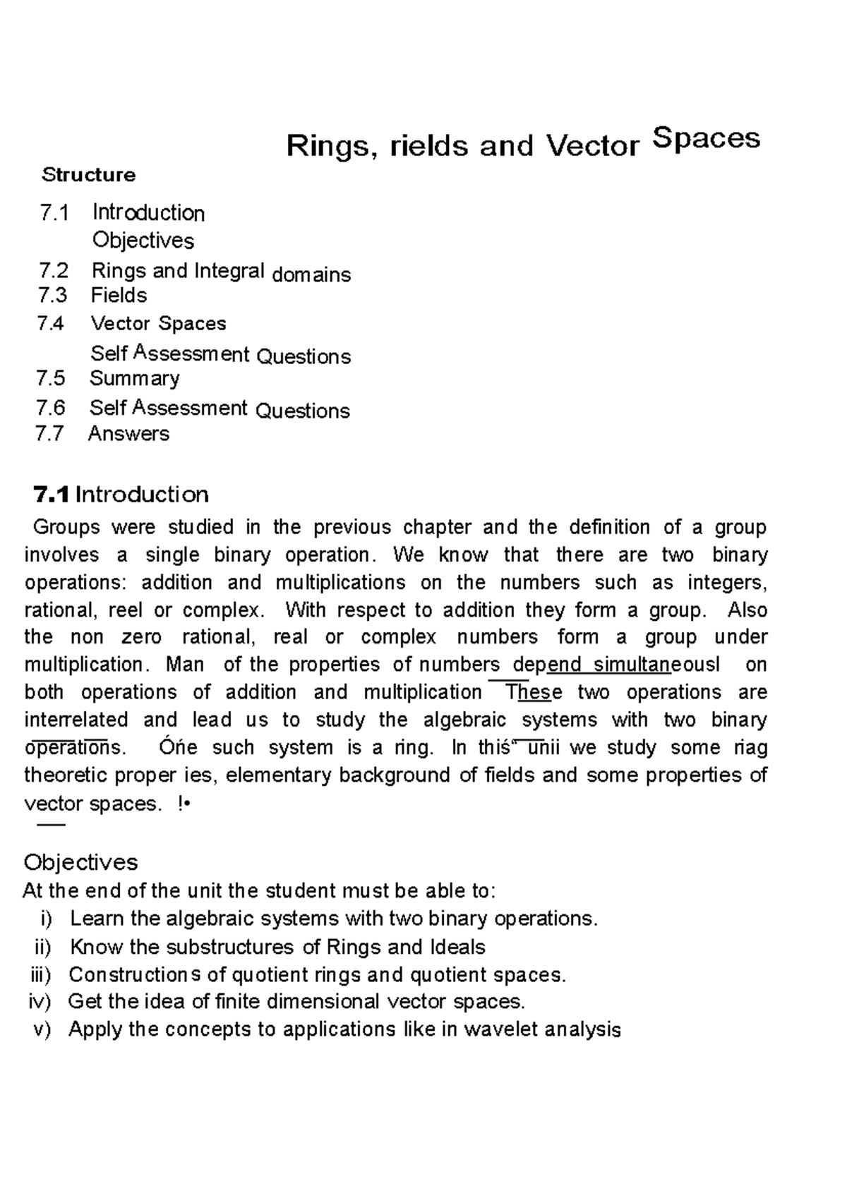 Discrete Mathematics rings,fields and vector spaces Structure 7