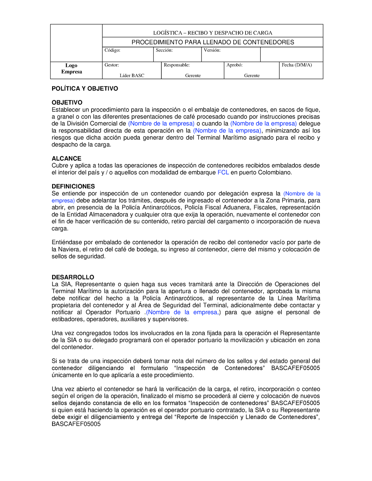 Modelo Y Formatos Procedimiento Llenado E Inspecci N Contenedores Procedimiento Para Llenado