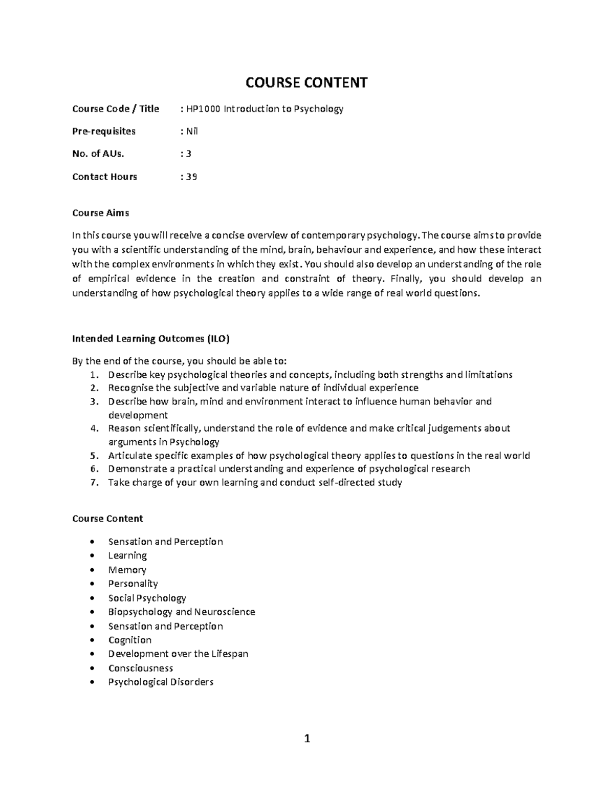 HP1000 Introduction to Psychology - 1 COURSE CONTENT Course Code ...