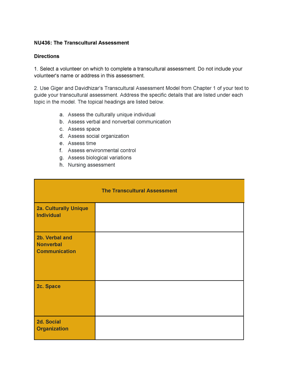 NU436 Transcultural Assessment Worksheet - NU436: The Transcultural ...