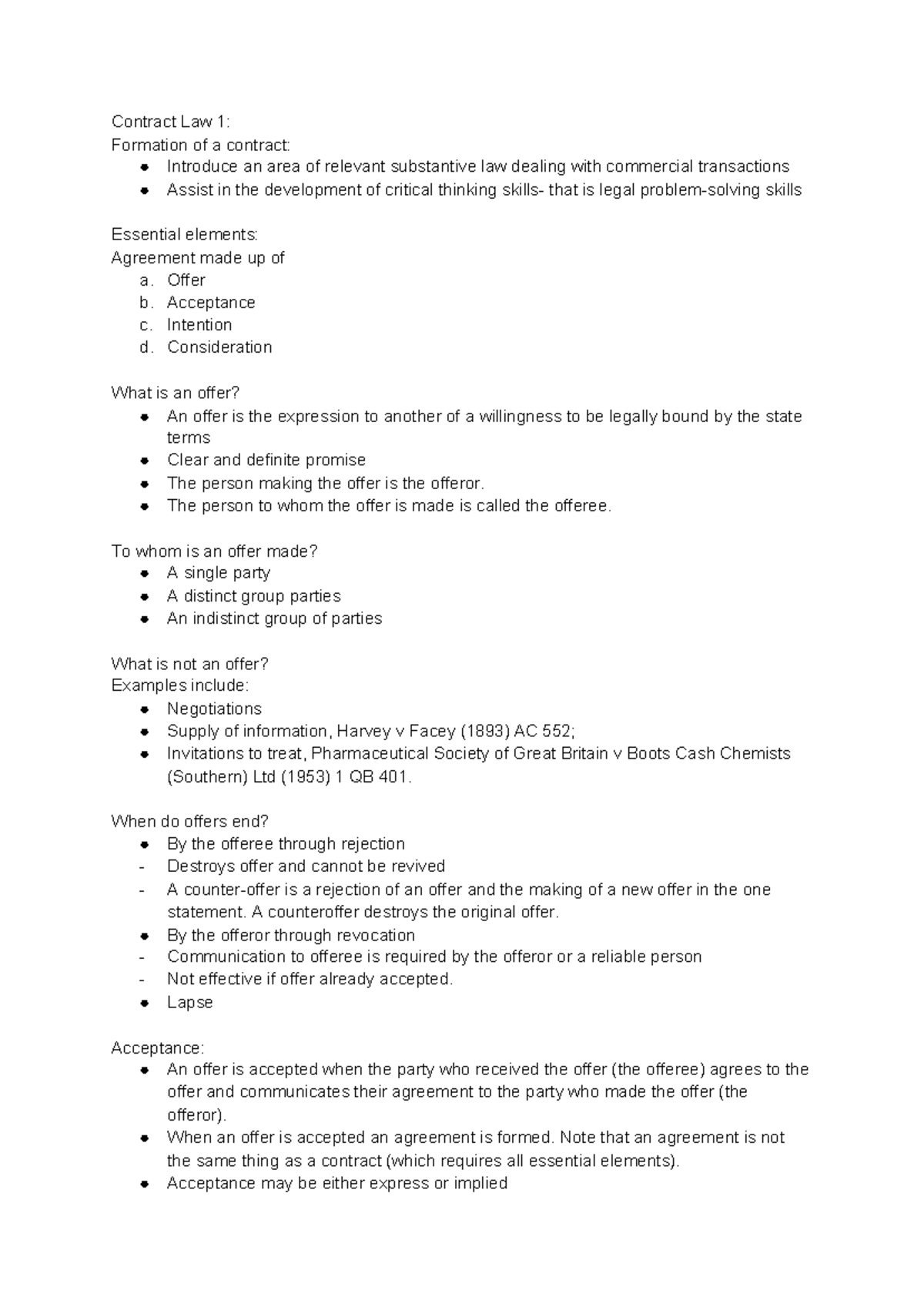 LAW Final EXAM - some notes for the exam - Contract Law 1: Formation of ...