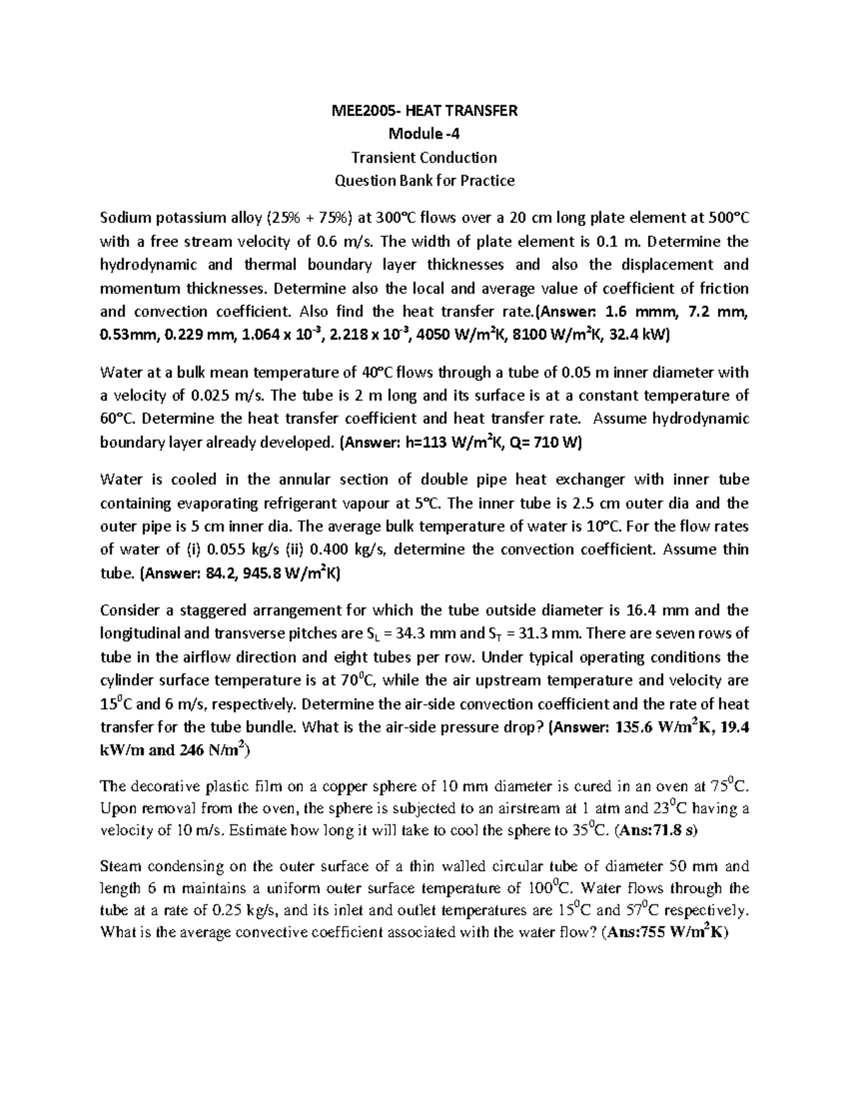 0. Module 4 Practice Problems MEE2005 HEAT TRANSFER Module