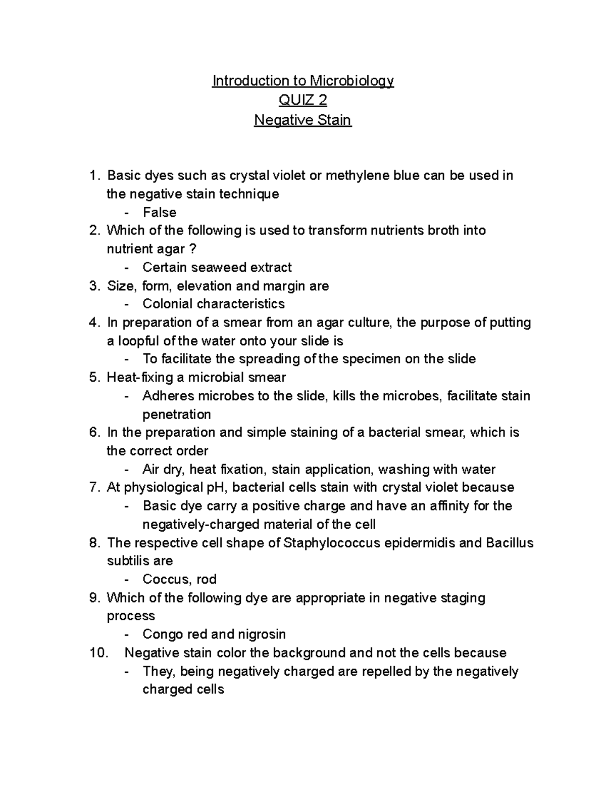 Intro to Micro Lab Quiz 2 Introduction to Microbiology QUIZ 2